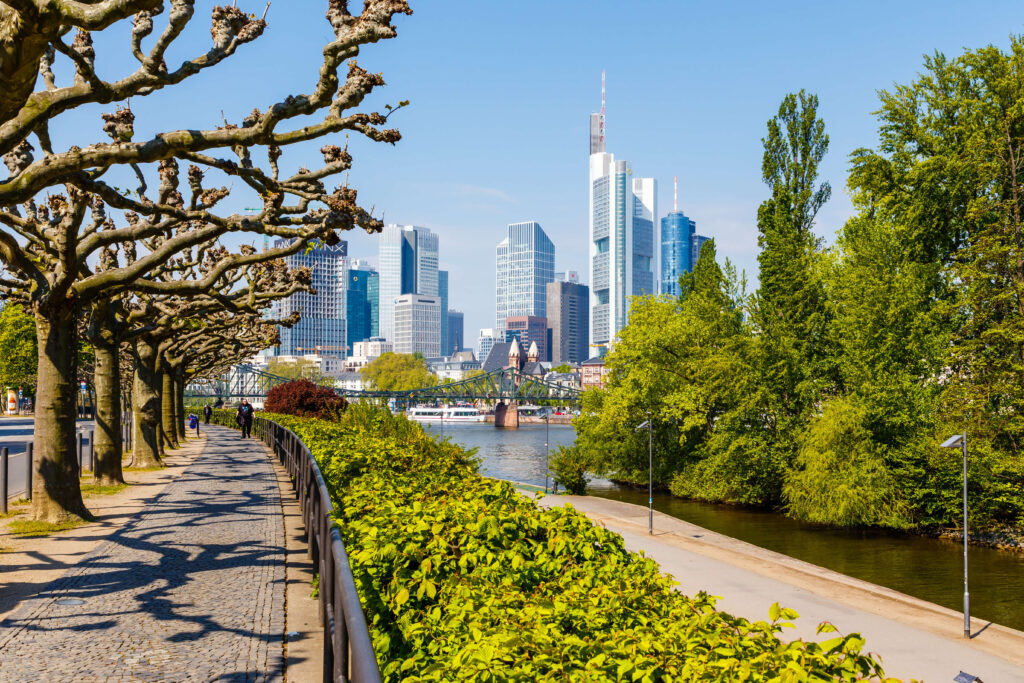 Frankfurt Skyline Hochhäuser Firmengebäude mit Promenade am Fluss und Bäumen