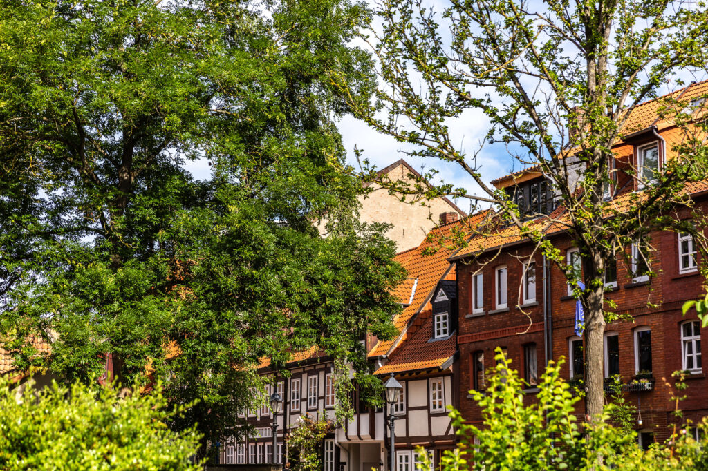 Niedersachsen Hildesheim Häuserfront mit viel grün und Bäumen davor