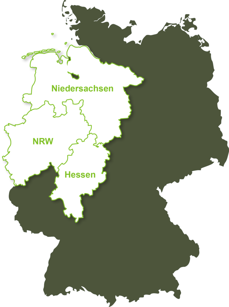 Deutschlandkarte mit den hervorgehobenen Einsatzgebieten: NRW, Niedersachen (Süden) und Hessen